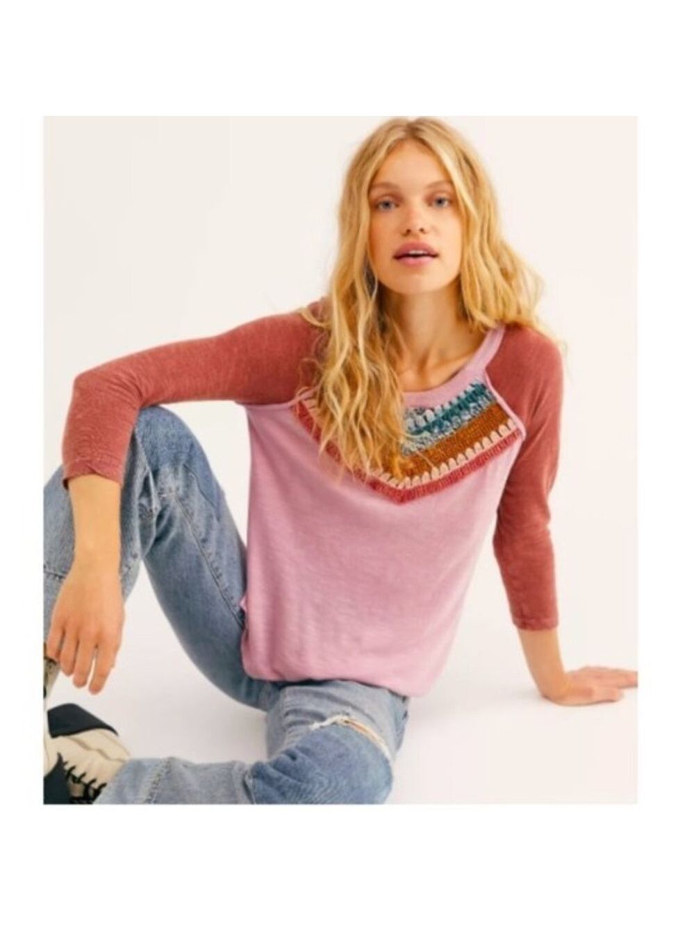 Women’s Pink Colorblock Embroidered Raglan Top